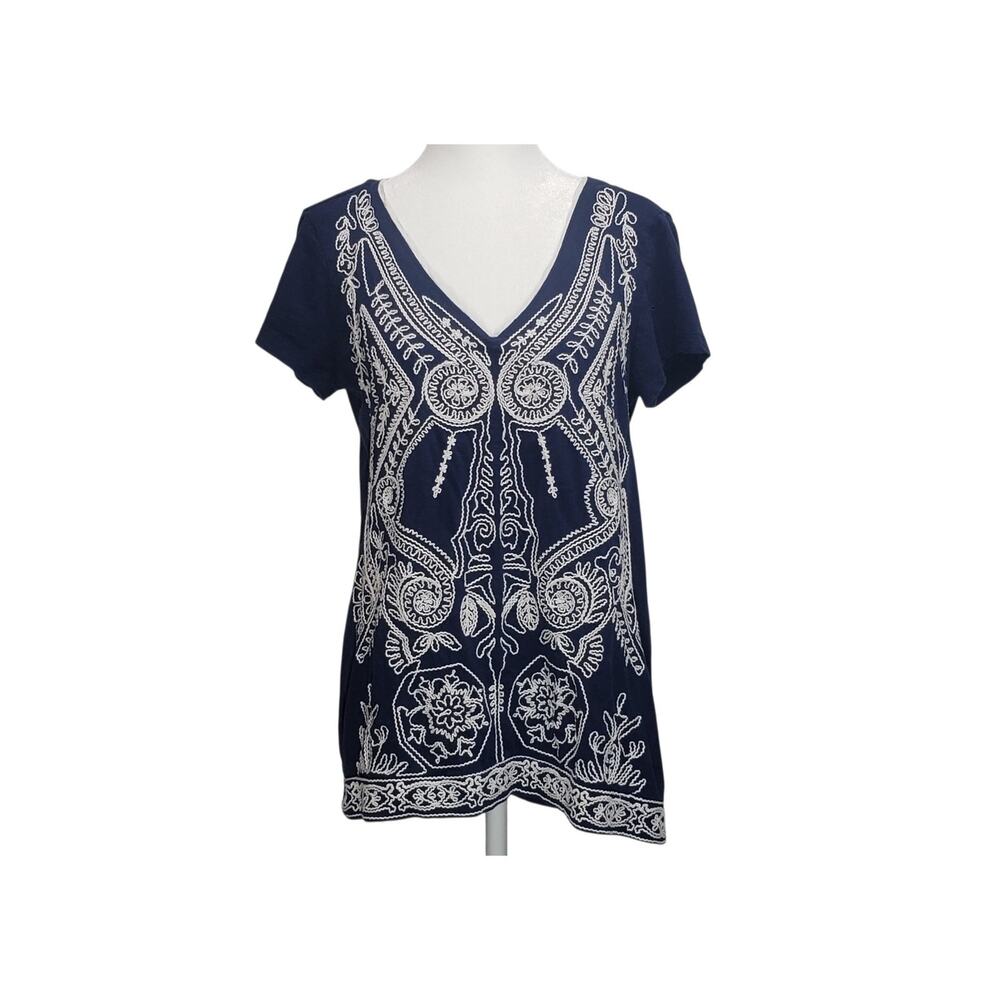 Style & Co Small Navy Blue Embroidered Tunic Top Boho Peasant V-Neck Folk Knit